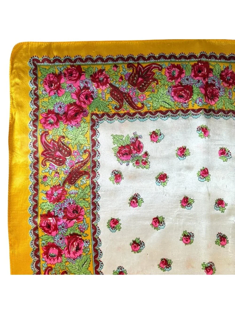 VTG Floral Yellow White Satin‎ Scarf Pink Rose Print Paisley Border 27” Square